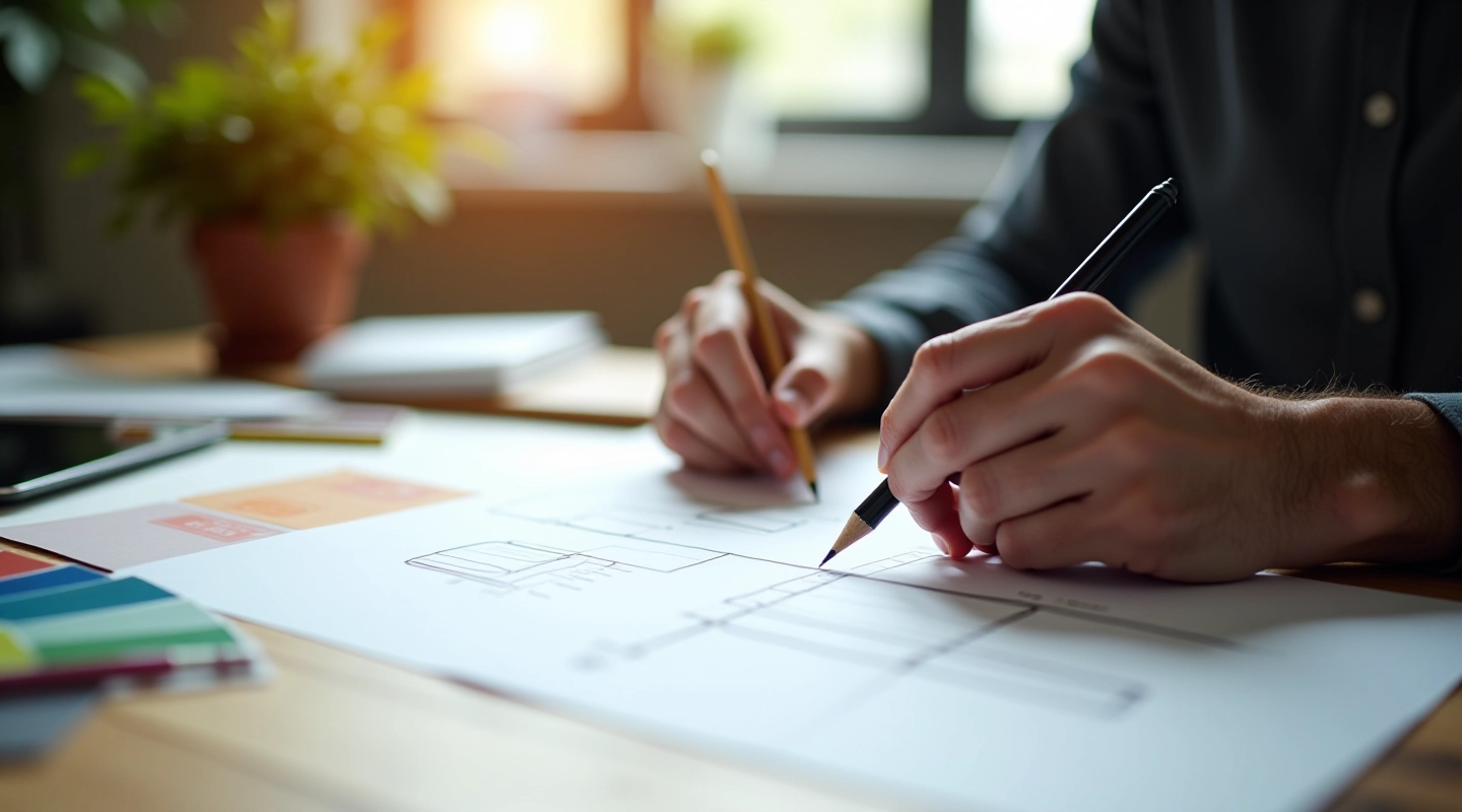 Designer working at wooden desk with design sketches, laptop, and coffee