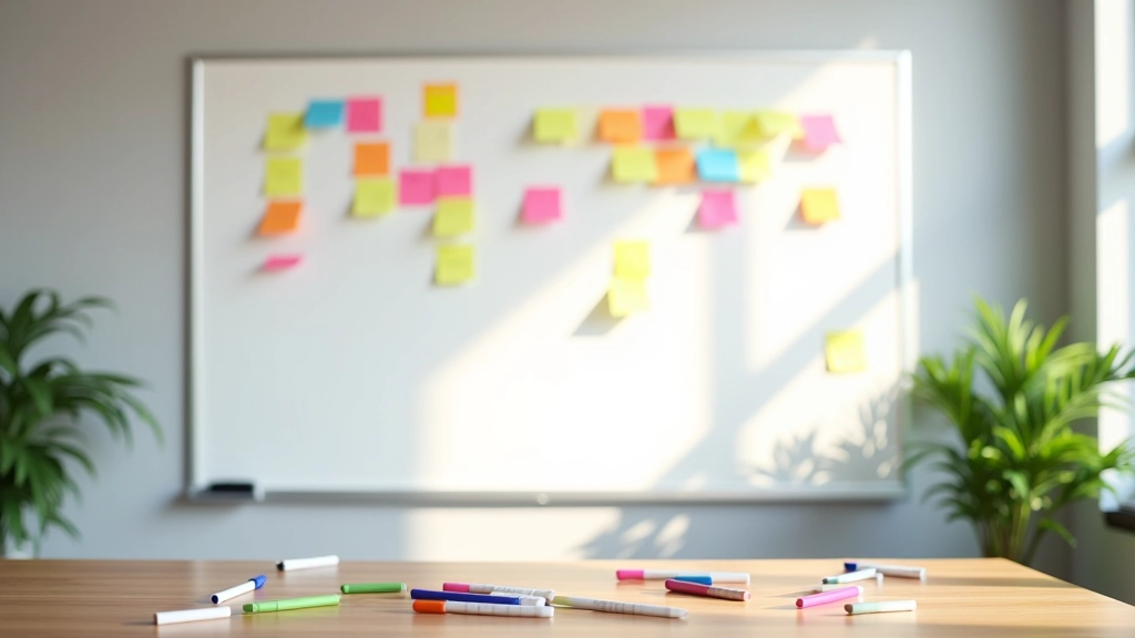 Whiteboard covered with colorful sticky notes, sketches, and design wireframes for landing page planning